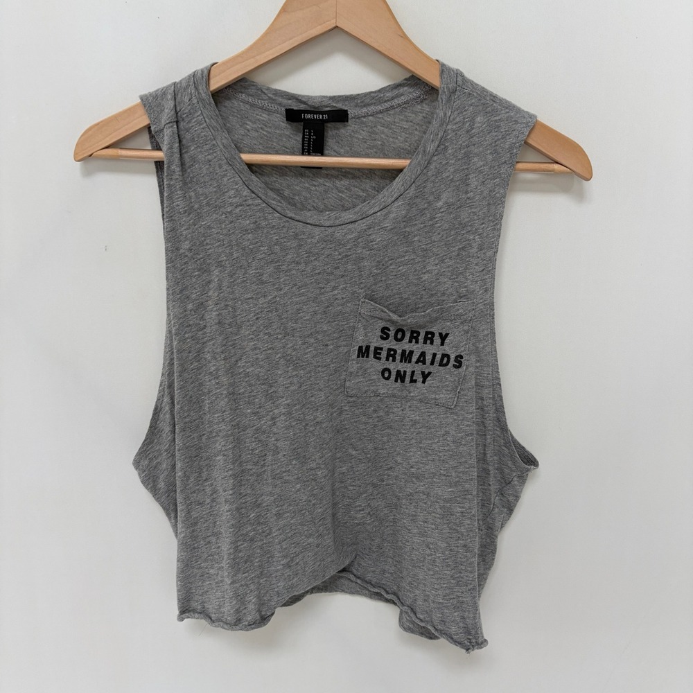 Forever 21 Sorry Mermaids Only Graphic Muscle Tank Top L Gray Womens Crop Tee